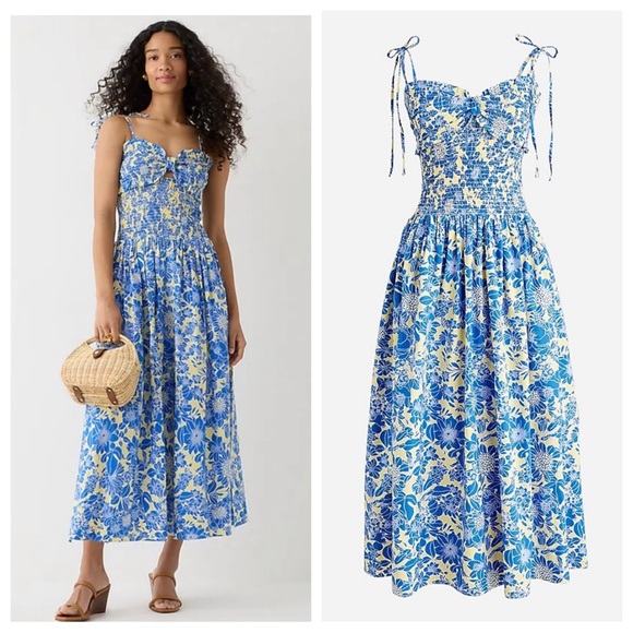 J. Crew Dresses & Skirts - New J. Crew Collection tie shoulder smocked midi maxi dress floral cotton poplin